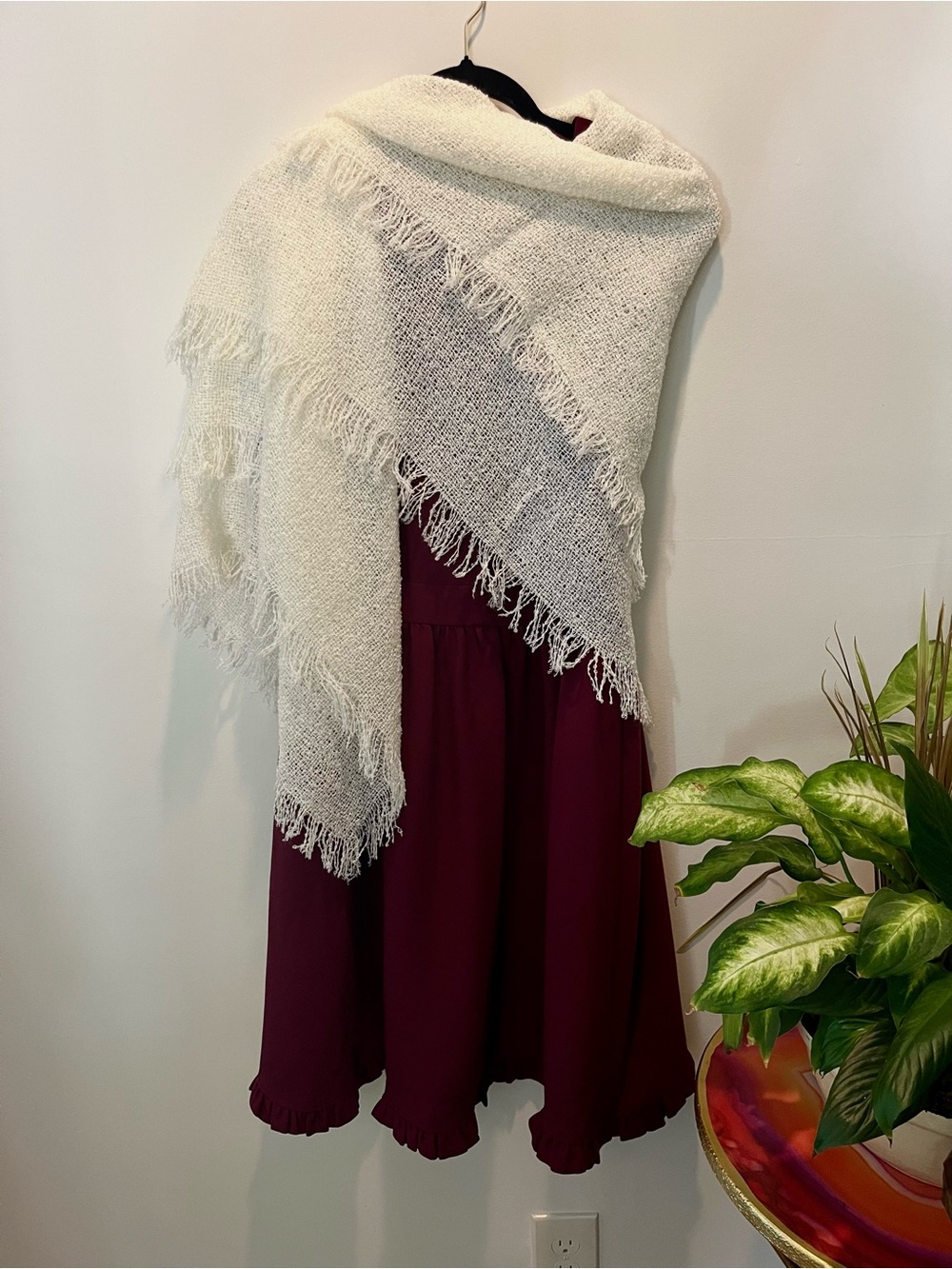 Cream Fringed Shawl Wrap - Cozy Layering Scarf